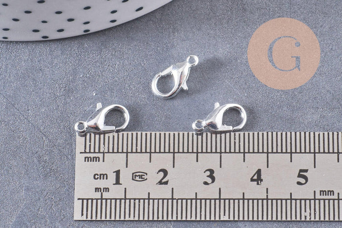 Fermoirs mousquetons zamac argentés 12mm, x20 (G1041)