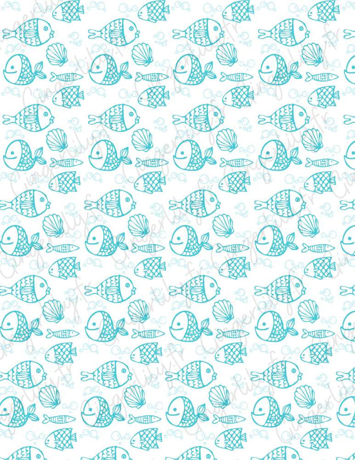 Feuille de transfert polymère – Gros poissons & coquillages turquoise 14x10 cm, x1 (G10773)