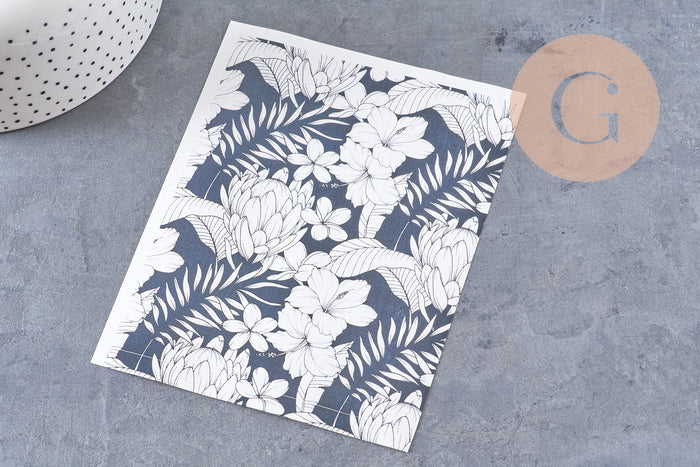 Feuille de transfert polymère – fleurs tropicales fond noir 14x10 cm, x1 (G10785)