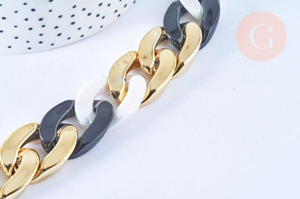 Grosse Chaine acrylique noir et blanc et plastique doré 30x20mm, x1 mètre (G4966)