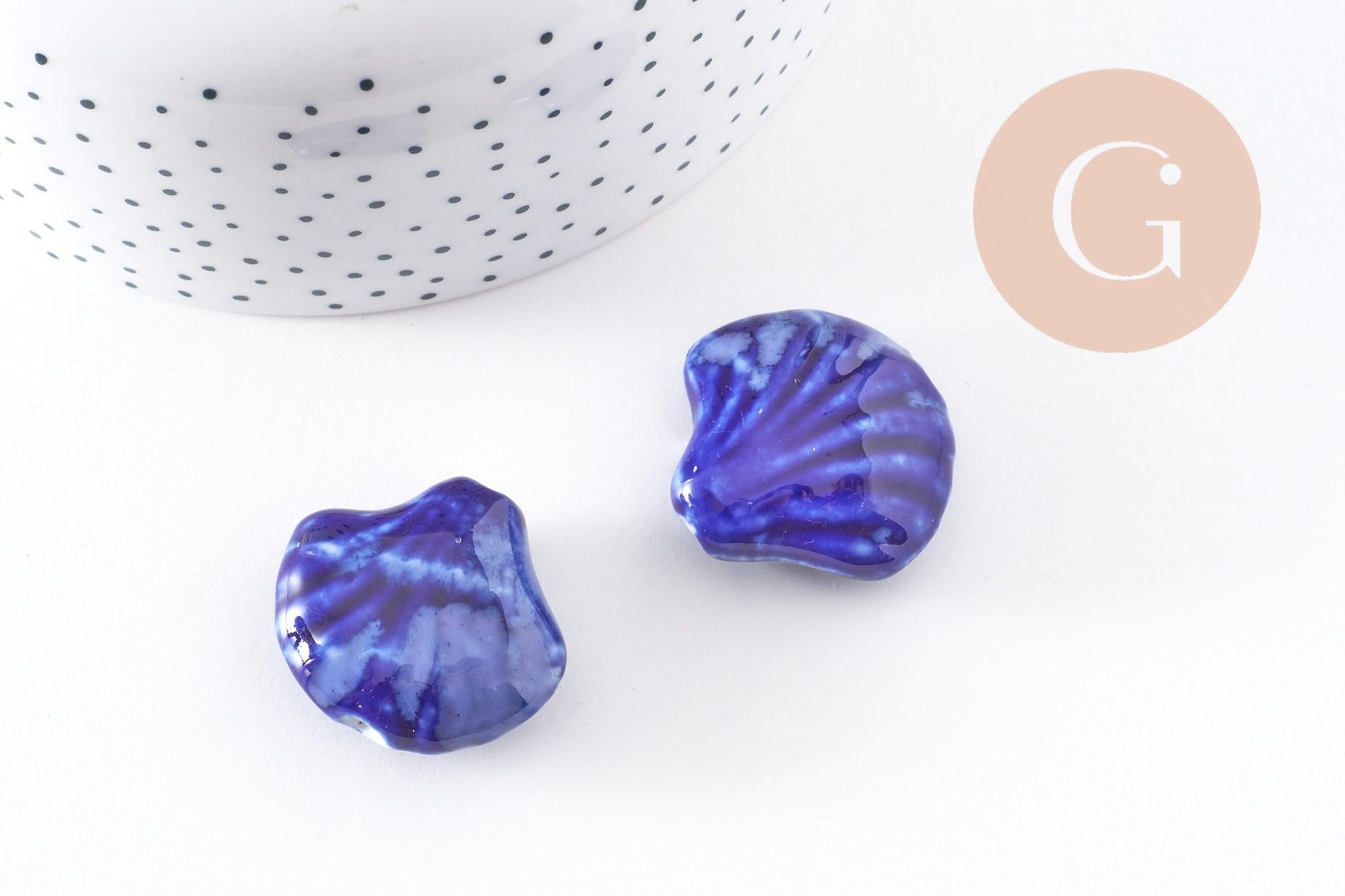 Grosse perle porcelaine bleu foncé coquillage, perle céramique géométrique fabrication en céramique, 29-33mm, x2 (G5377)