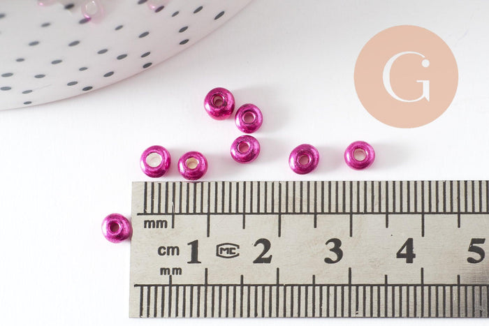 Grosses perles rocaille rose fuchsia métallisé 4mm,perles rocaille rose fushia nacré, x10 Gr (G9632)