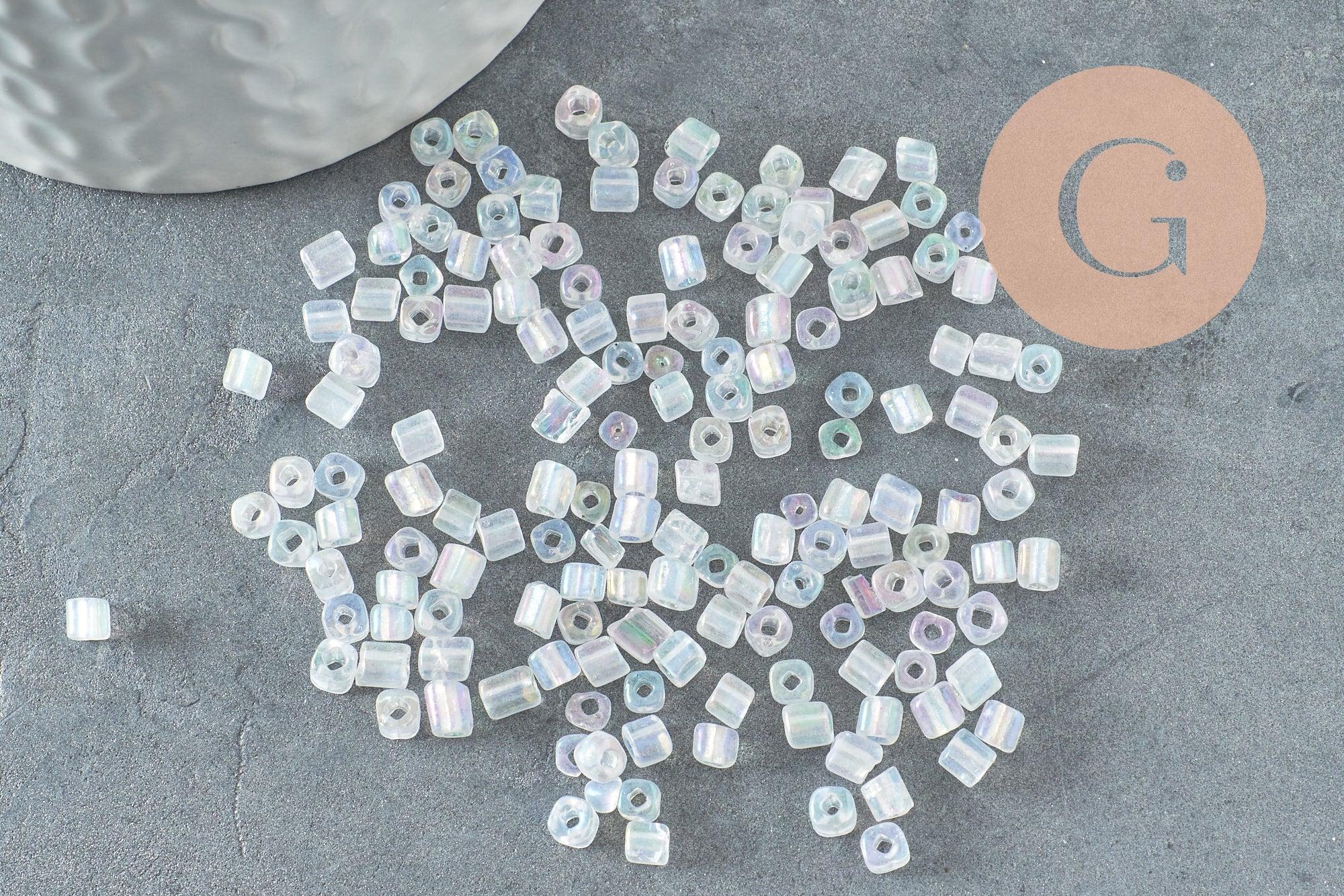 Grosses perles rocaille transparentes irisées 4mm, x 20Gr (G1392)
