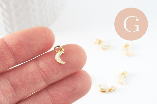 Lune nacre blanche naturelle laiton doré 10x6mm, x1 (G3574)