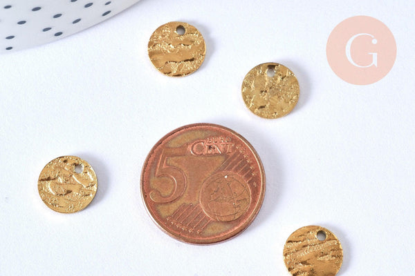 Médaille ronde dorée acier inoxydable texturé, une jolie médaille dorée pour créer vos bijoux, 10.5mm, x10 G6771