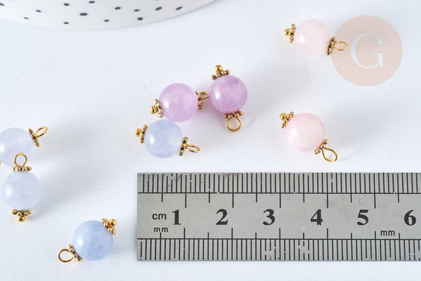 Pendentif Boule Pierre naturelle laiton doré 14,5mm, pierre véritable, x1 (G7651)