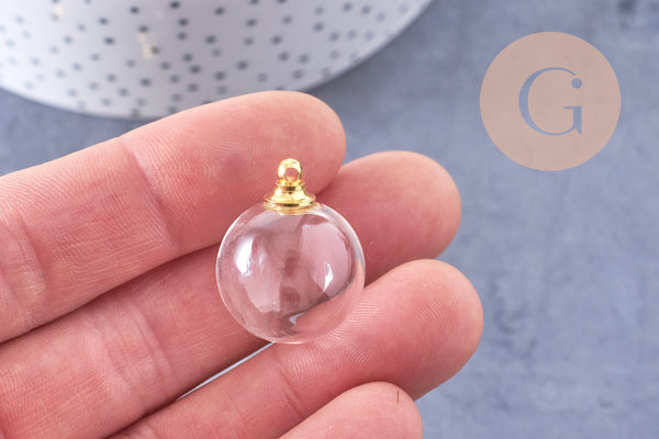 Pendentif Bouteille bulle en verre et bouchon en métal doré 17.5-25mm, x1 (G10658)