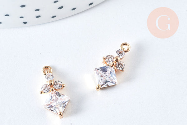 Pendentif Breloque losange laiton doré zircons 17mm, pendentif géométrique, x1 (G6967)