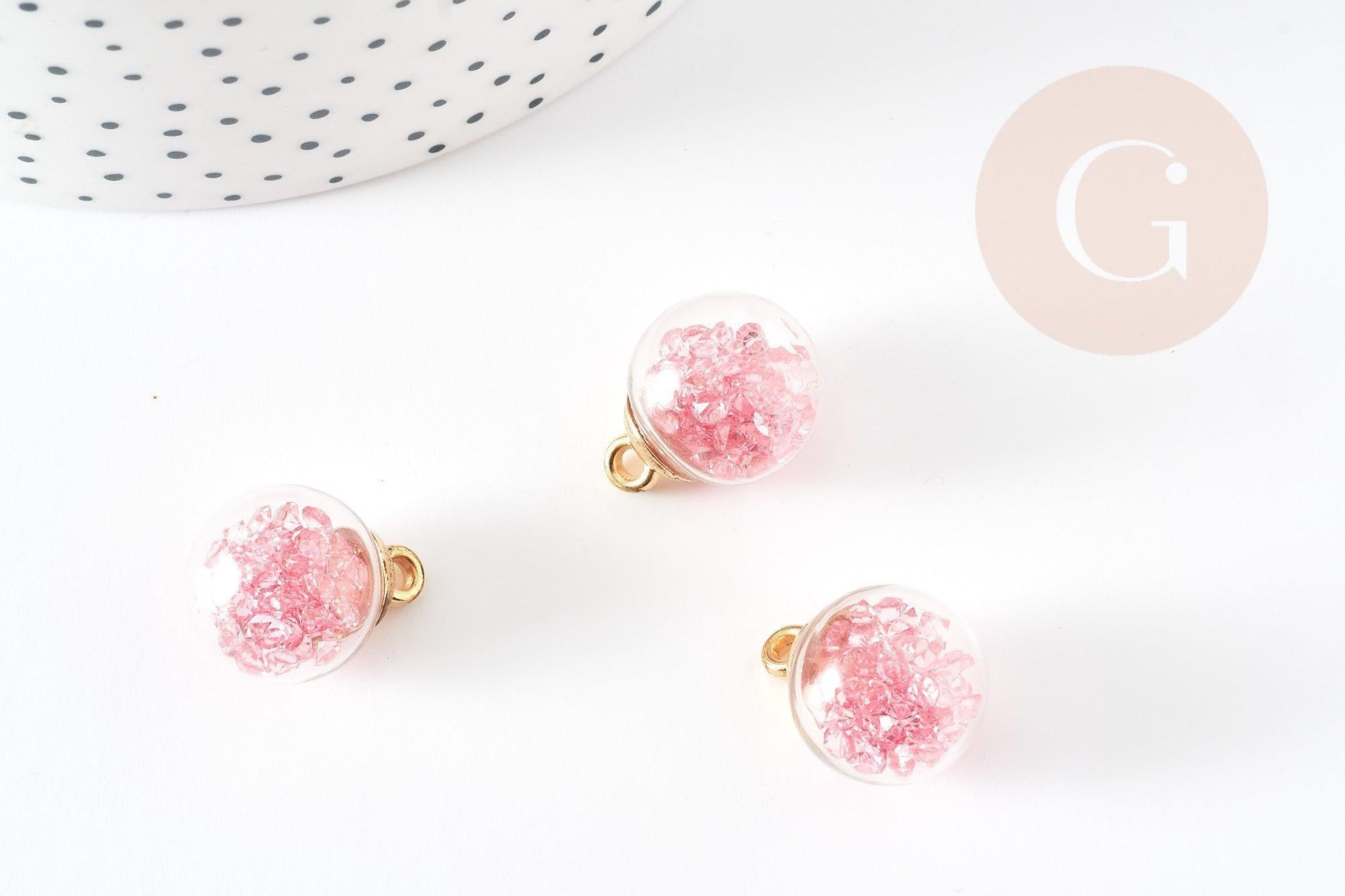 Pendentif Bulle globe verre chips rose et CCB doré 20mm, création bijoux original DIY, x1 (G9129)