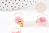 Pendentif Bulle globe verre chips rose et CCB doré 20mm, création bijoux original DIY, x1 (G9129)