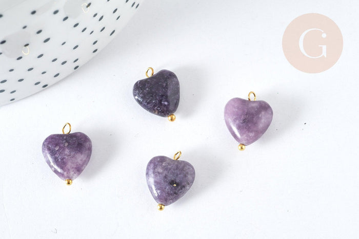 Pendentif Cœur Lépidolite pierre naturelle 15~15,5mm, pendentif pierre naturelle pour création de bijoux, x1 G7592