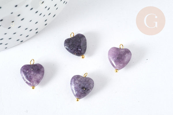 Pendentif Cœur Lépidolite pierre naturelle 15~15,5mm, pendentif pierre naturelle pour création de bijoux, x1 G7592