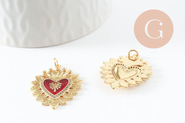 Pendentif Cœur ex-voto zircon émail rouge laiton doré 18K 32mm, x1 (G9548)