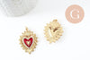 Pendentif Cœur ex-voto zircon émail rouge laiton doré 18K 32mm, x1 (G9548)