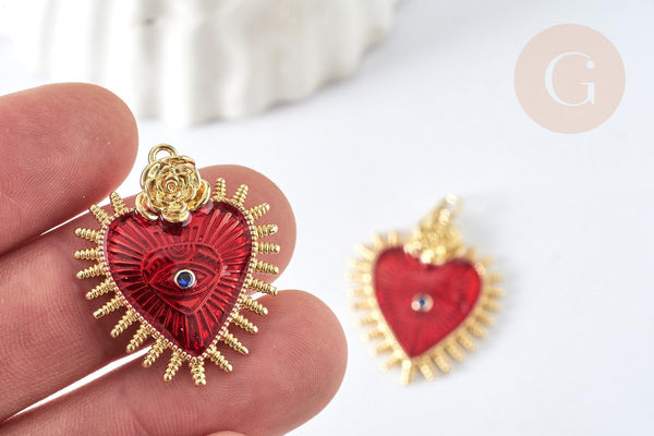 Pendentif Cœur mauvais œil émail rouge foncé laiton doré 30mm, Pendentif chance, x1 G8407