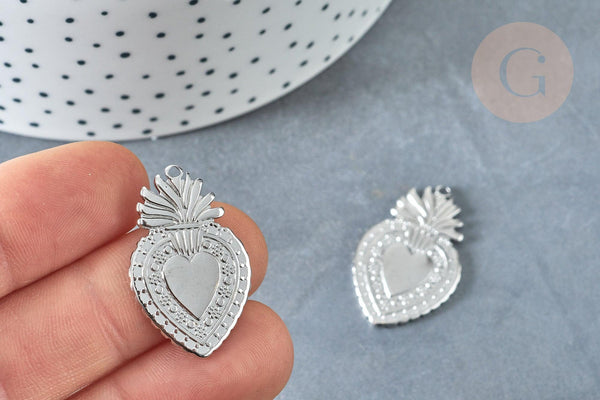 Pendentif Cœur sacré acier 304 inoxydable platine 30mm, x1 (G8018)