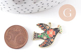 Pendentif Colombe noir à fleurs zamac doré 26mm, x2 (G10157)