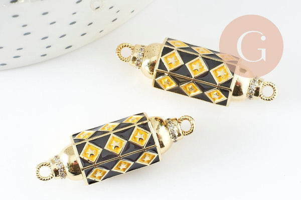 Pendentif Connecteur tube talisman Damier zircons blancs laiton doré 18K 34mm, x1 (G9433)