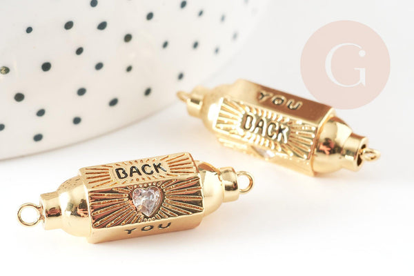 Pendentif Connecteur tube talisman zircon blanc laiton doré 18K 34mm YOU BACK, créations bijoux bonheur, x1 G9330