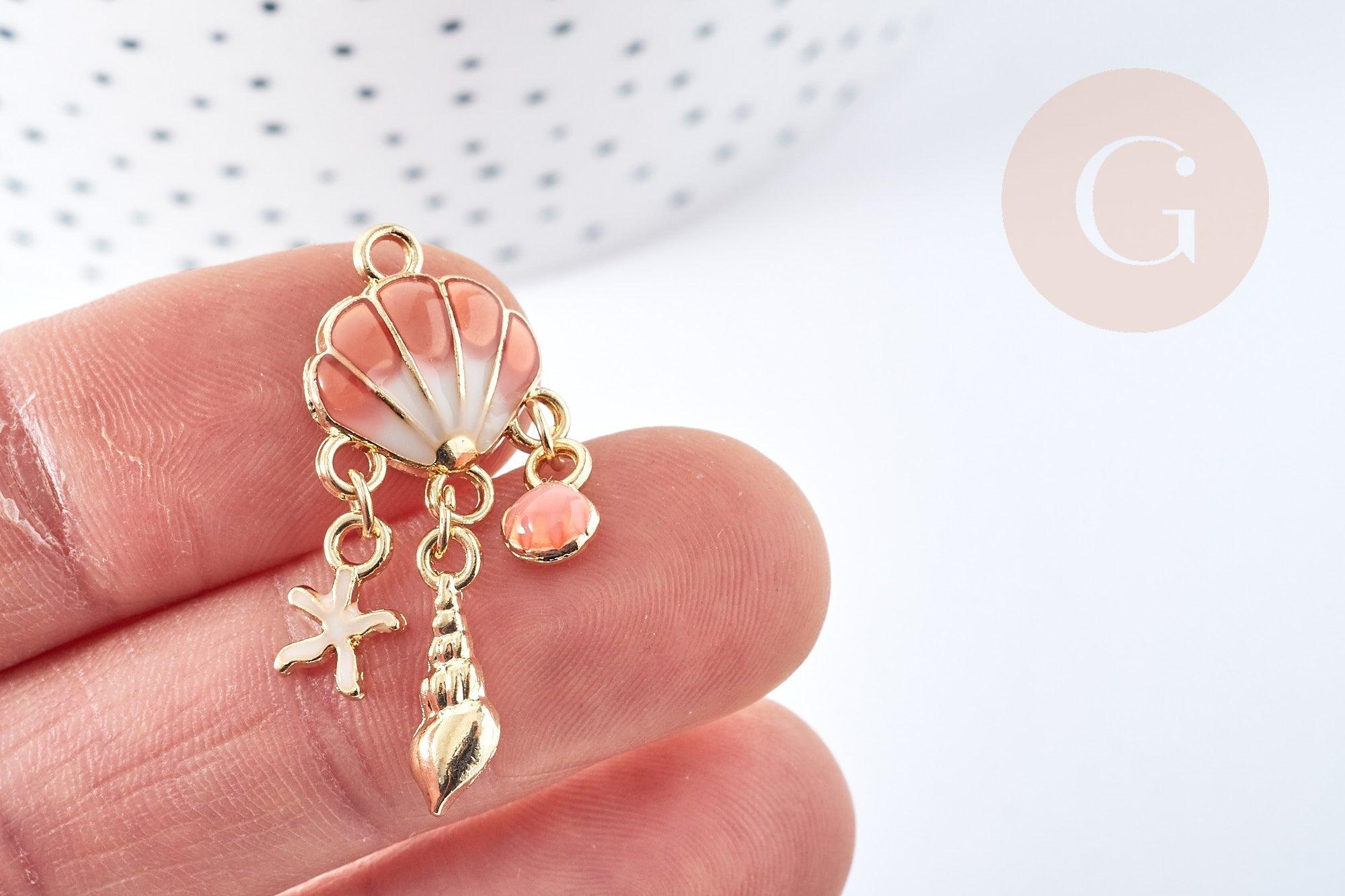 Pendentif Coquillage émail coloré zamac doré 35.5mm, Pendentif doré estival, x1 G8859