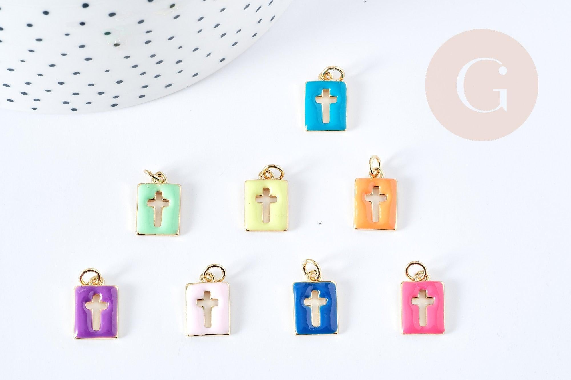 Pendentif Croix rectangulaire laiton doré émail coloré 14.5mm, pendentif fantaisie pour création de bijoux religieux , x1 G8869