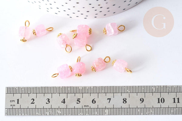 Pendentif Cube Agate naturelle rose pâle fer doré 14~16mm, pierre naturelle, x1 (G7971)