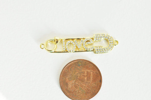 Pendentif Epingle à nourrice LOVE laiton doré 18k cristal,sans nickel,coeur bijoux,pendentif amour, Pendentif zircon,41mm x1 (G5321)