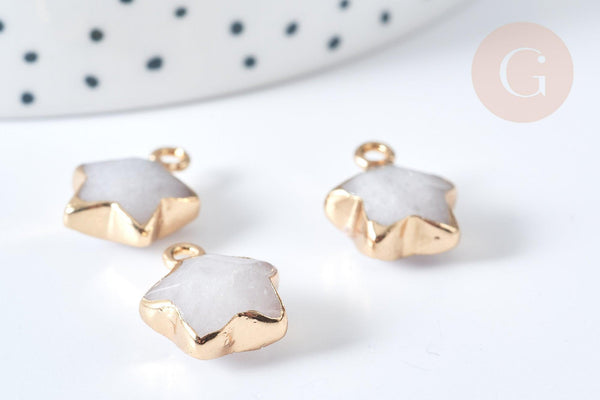 Pendentif Etoile jade blanc facettes laiton doré 16~17mm, pendentif bijoux pierre jade naturel, x1 G7937