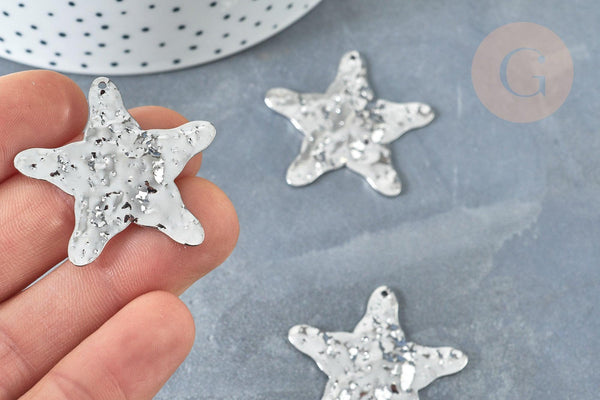 Pendentif Etoile martelé laiton platine brillant 36mm, pendentif étoile texturé, création bijoux argenté, x1 G8020