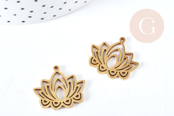 Pendentif Fleur de lotus acier 201 inoxydable doré 27mm, création bijoux acier inoxydable, x1 (G8726)