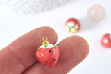 Pendentif Fraise porcelaine et laiton doré rouge 18~20mm, pendentif fruit , x1 (G7450)
