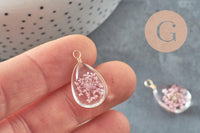 Pendentif Goutte verre transparent fleur séchée rose laiton doré 22-24mm, bijou verre fleurs séchées, x1 (G9752)