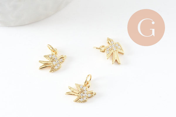 Pendentif Hirondelle laiton doré zirconias 12mm, x1 G9713