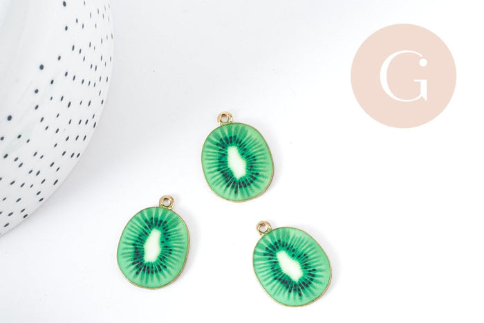 Pendentif Kiwi zamac doré émail vert 26.5mm, x1 (G9000)
