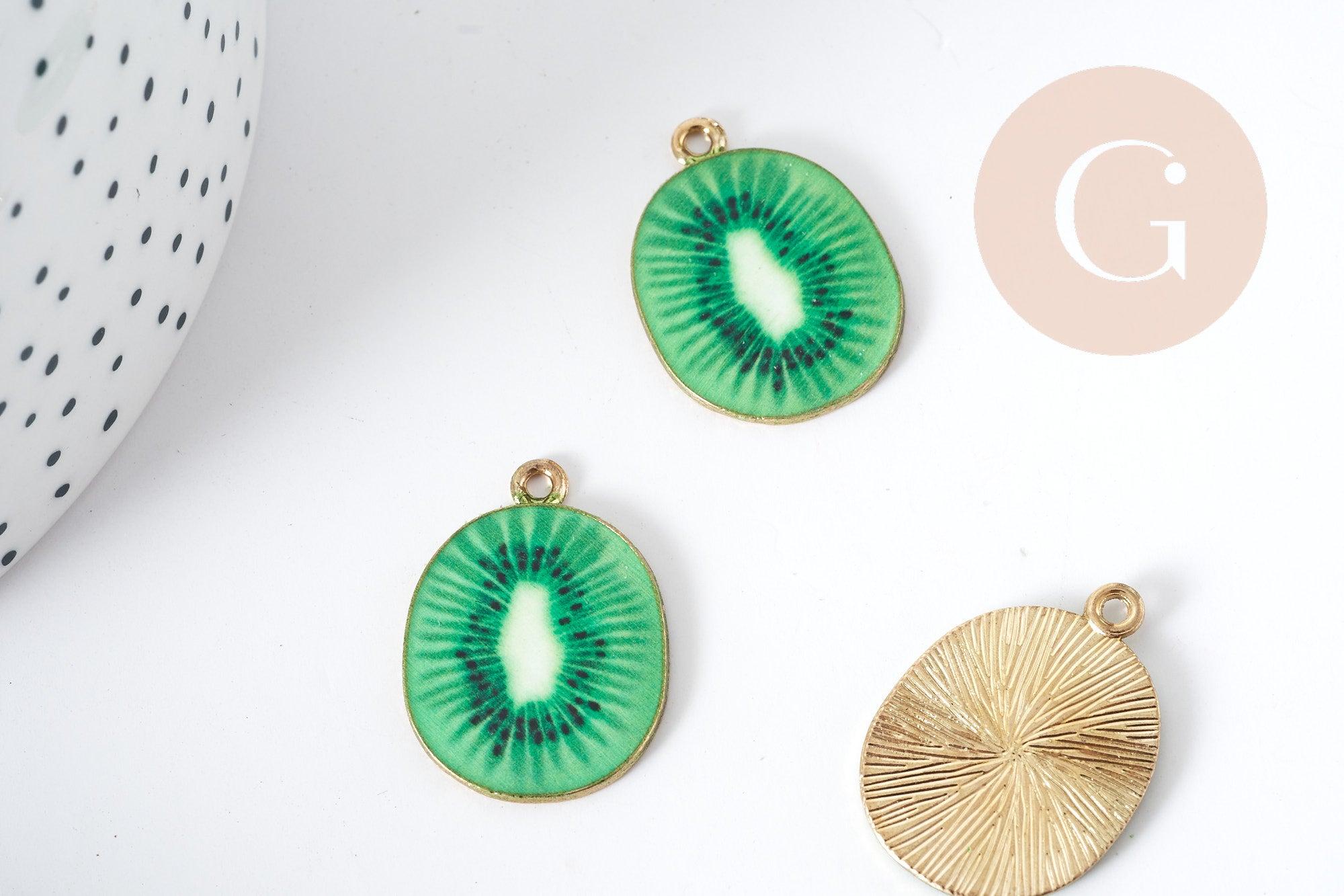 Pendentif Kiwi zamac doré émail vert 26.5mm, x1 (G9000)