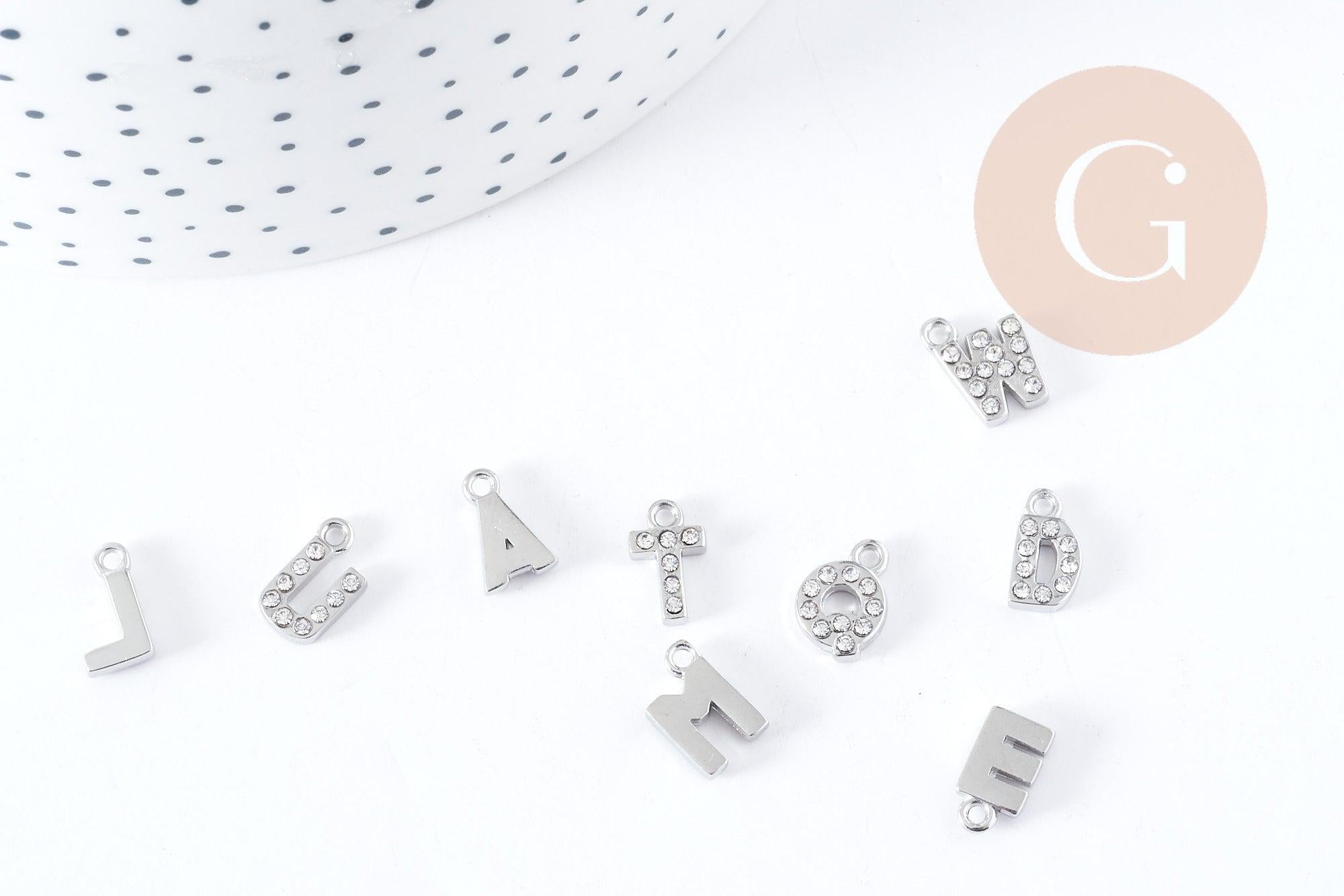 Pendentif Lettre acier 304 inoxydable argenté lettre cristal blanc 10mm, initiale prenom, x1 G8932
