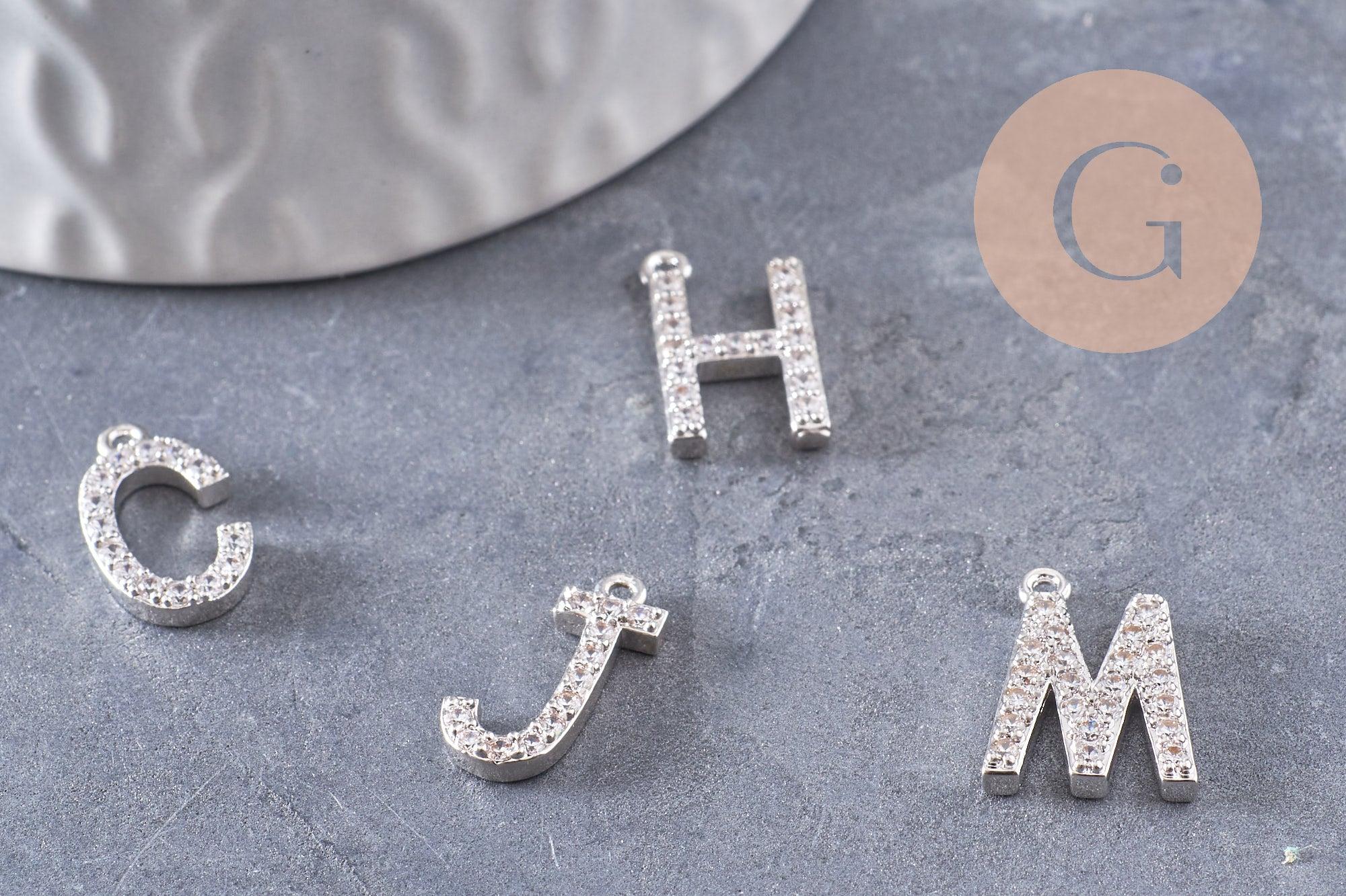 Pendentif Lettre acier 304 inoxydable argenté lettre cristal blanc, sans nickel,lettre initiale prenom,15.5mm, x1 (G4618)