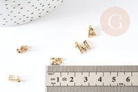 Pendentif Lettre laiton doré zircons colorés 8.5~9.5mm, x1 (G1570)