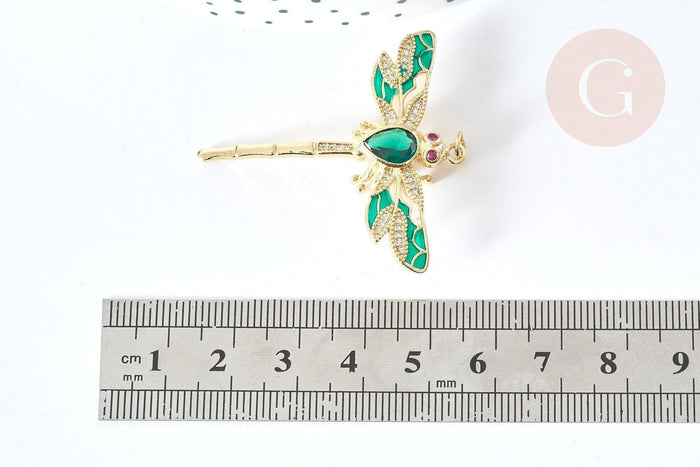 Pendentif Libellule insecte ailé laiton doré zircons 42mm, x1 (G8072)