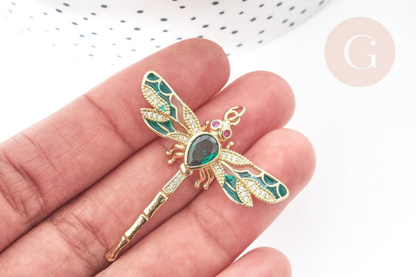 Pendentif Libellule insecte ailé laiton doré zircons 42mm, x1 (G8072)