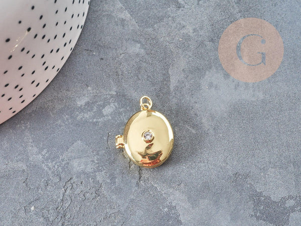 Pendentif Locket Médaillon ovale laiton doré 18K zircon 22x19.5mm, x1 (G9046)