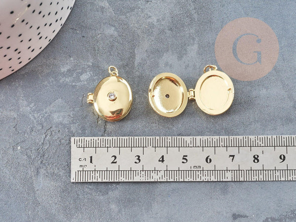 Pendentif Locket Médaillon ovale laiton doré 18K zircon 22x19.5mm, x1 (G9046)