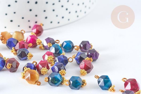 Pendentif Œil de tigre naturel teinté zamac doré coloré 13mm, x1 (G7933)