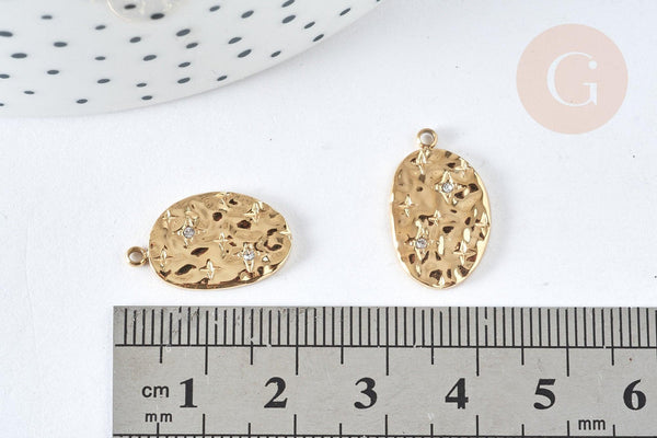 Pendentif Ovale étoilé cristal blanc acier inoxydable 304 doré à graver 19mm, x1 (G7497)