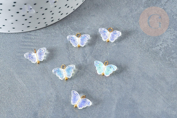 Pendentif Papillon verre transparent AB laiton doré 10mm, pendentif cristal, x5 ou x10 (G7843)