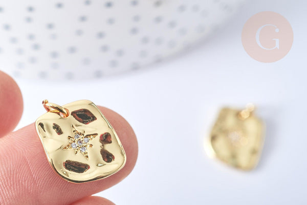 Pendentif Rectangle ondulé en laiton doré zircon blanc 15mm, Pendentif doré, x1 G7865