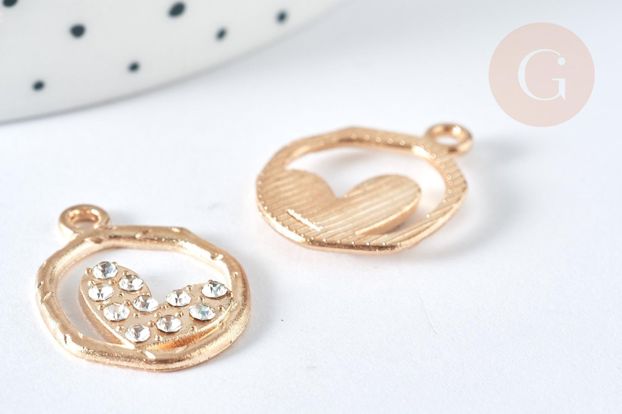 Pendentif Rond cœur zamac doré zircons blancs 22mm, création bijoux amour, x1 G7418