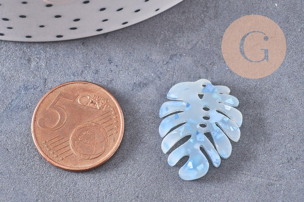 Pendentif acétate feuille monsterosa bleue,perles plastique,connecteur feuille plastique, 27mm, x2 (G4217)