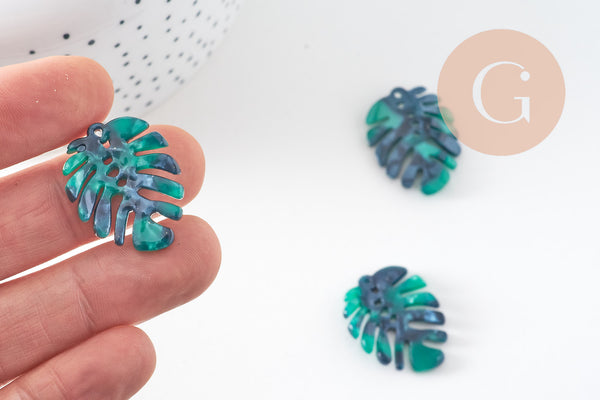 Pendentif acétate feuille monsterosa verte, perles plastique,connecteur feuille plastique 27mm, x2 (G5067)