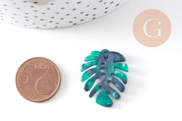 Pendentif acétate feuille monsterosa verte, perles plastique,connecteur feuille plastique 27mm, x2 (G5067)